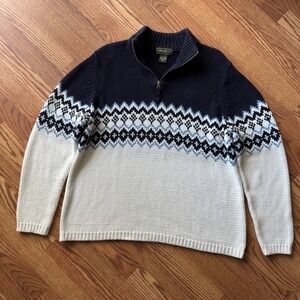 Eddie Bauer Quarter‎ Zip Sweater Mens XL Tall Navy White Fair Isle Vintage Y2K